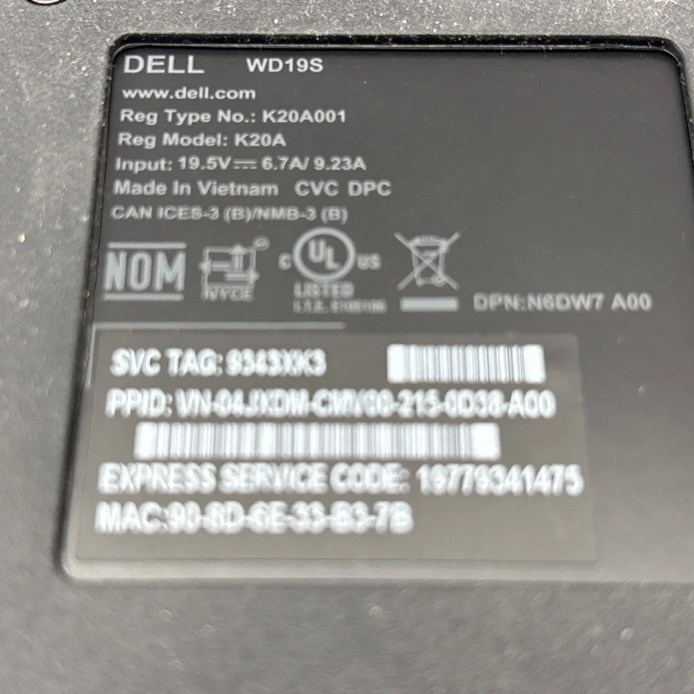 GENUINE Dell USB-C Docking Station WD19/S K20 With Dell 130W AC Power Adapter